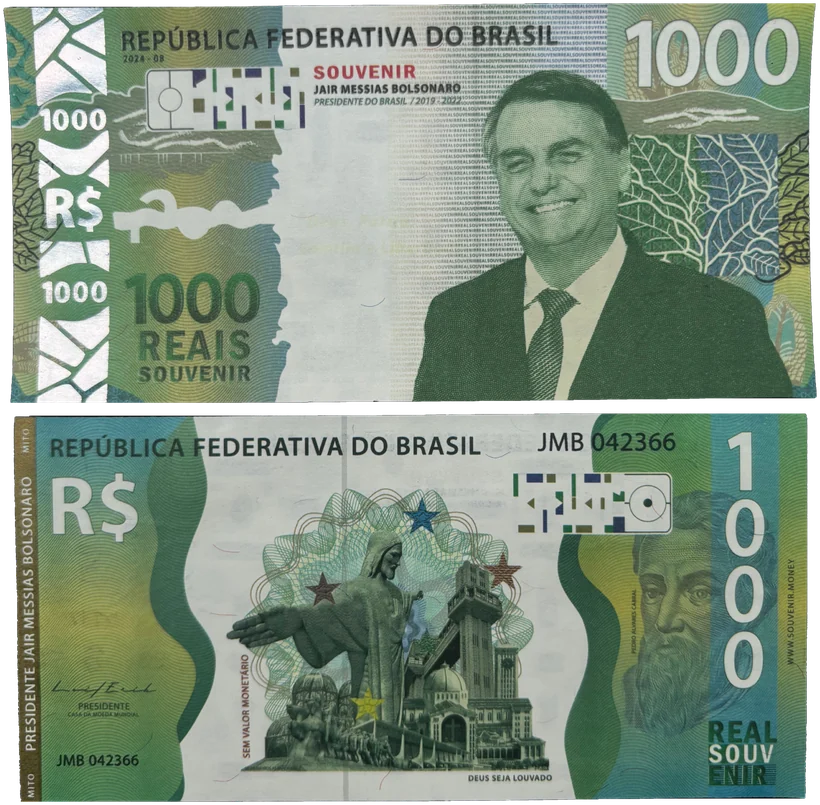 Cédula Colecionável Bolsonaro, frente e verso, em papel moeda com numeração de série JMB 042366